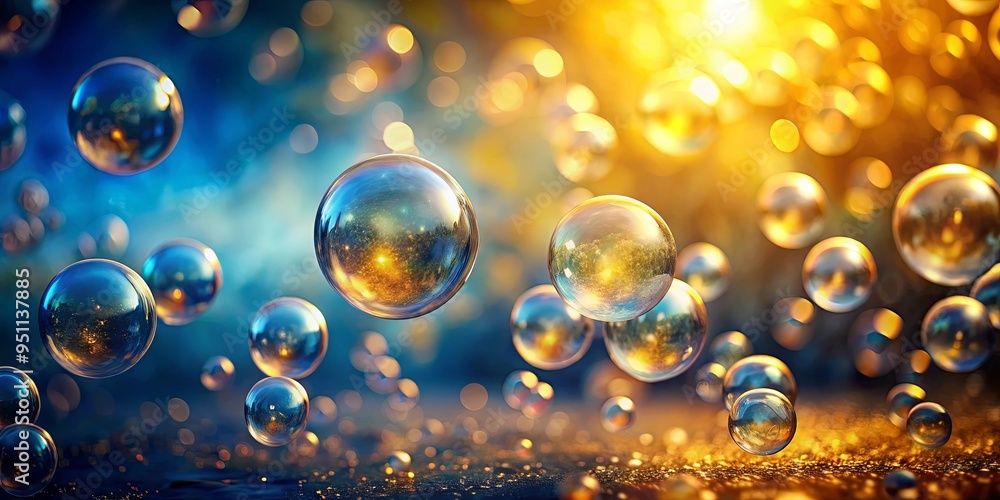 Abstract and dreamy photo of bubbles floating on a gold and blue background Abstract and dreamy photo of bubbles floating on a gold and blue background