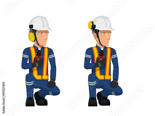 Two industrial workers are measuring sound level on white background