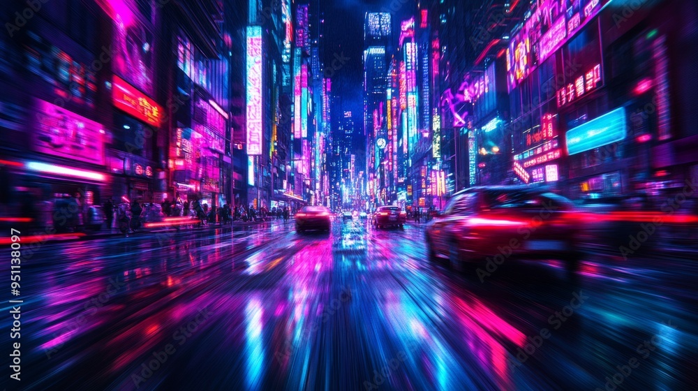 Neon lights reflect off a wet city street as cars speed through the urban landscape. Neon lights reflect off a wet city street as cars speed through the urban landscape.