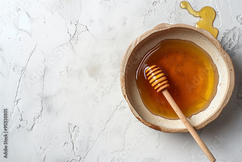 Top view of honey in a bowl with the honey dipper. Generative AI