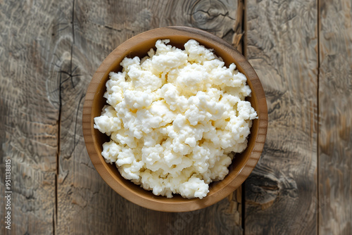 Cottage cheese on wooden bowl with rustic style background. Generative AI