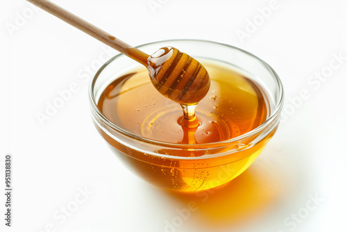 A bowl of honey with the honey dipper on white background. Generative AI