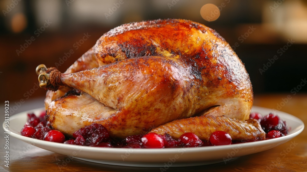Roasted turkey with cranberry sauce on a white plate. Roasted turkey with cranberry sauce on a white plate.
