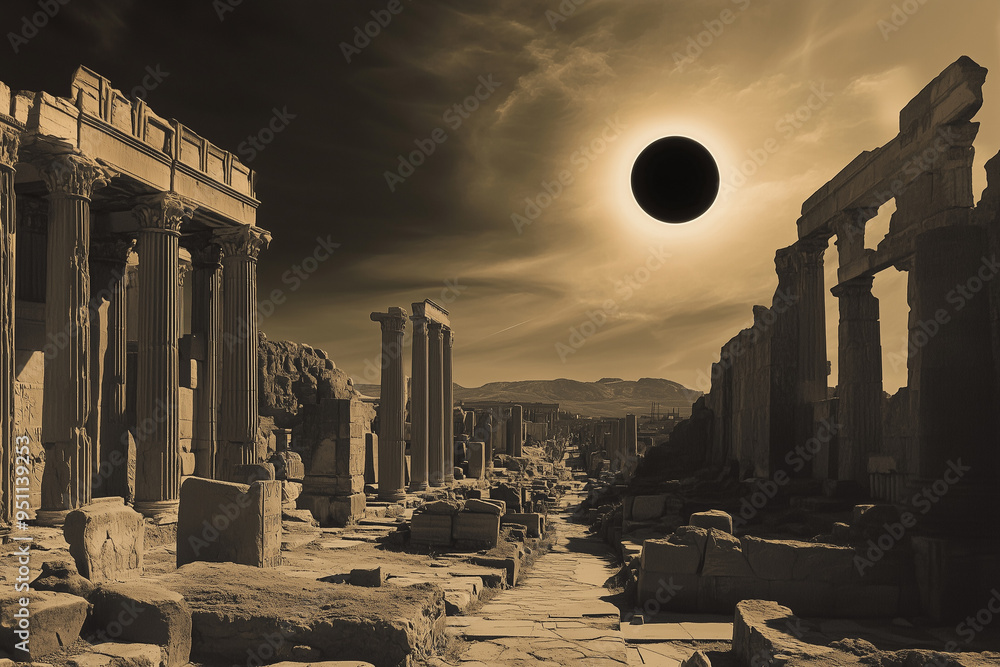 Fototapeta premium Solar Eclipse Over Ancient Ruins: A Celestial Phenomenon
