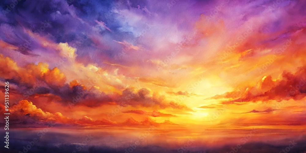 Obraz premium Abstract watercolor painting of a sunset sky with orange and purple hues