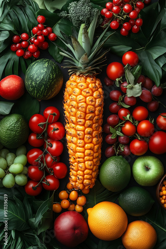 A pineapple sits amongst a variety of fruits and vegetables on a black background