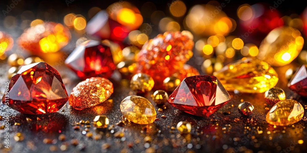 Close up of red and yellow diamonds with gold flakes on table, black background with gold flecks Close up of red and yellow diamonds with gold flakes on table, black background with gold flecks