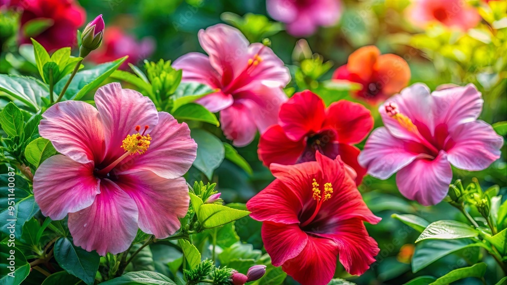 Vibrant red and pink hibiscus flowers blooming in the sun, creating a tropical oasis in a lush green garden