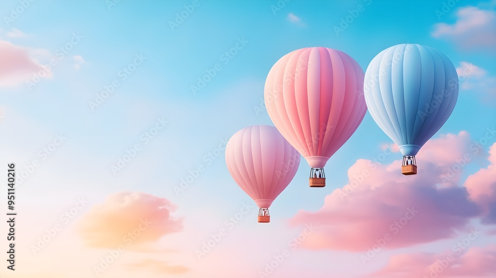 Whimsical hot air balloons in a pastel sky, double exposure effect blending delicate clouds and soft light, creating a dreamy atmosphere Whimsical hot air balloons in a pastel sky, double exposure effect blending delicate clouds and soft light, creating a dreamy atmosphere