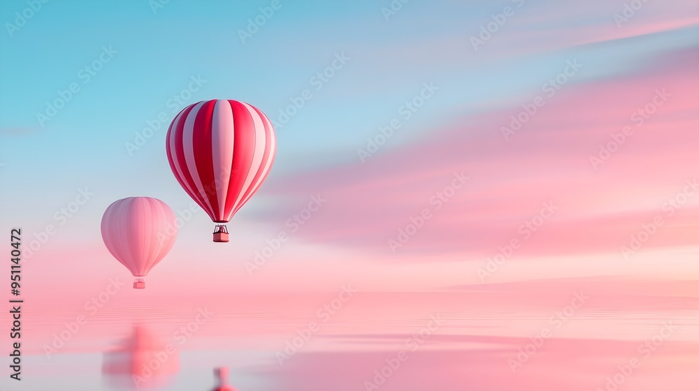 Obraz premium Serene hot air balloons in pastel skies, with double exposure blending in faint reflections of water, creating a calm, reflective mood