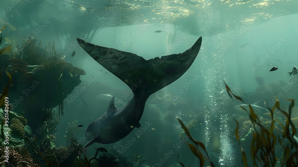 Fototapeta premium Underwater view of Megalodons massive tail fin propelling through primordial sea scene set against backdrop of ancient coral reefs and seaweed capturing the grandeur and power of this extinct predator