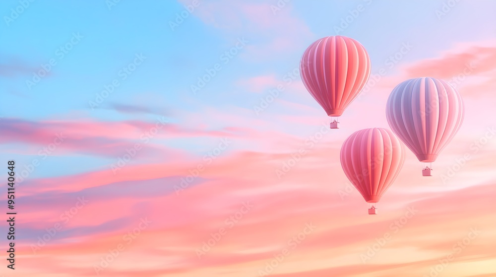 Whimsical hot air balloons in a pastel sky, double exposure effect blending delicate clouds and soft light, creating a dreamy atmosphere Whimsical hot air balloons in a pastel sky, double exposure effect blending delicate clouds and soft light, creating a dreamy atmosphere