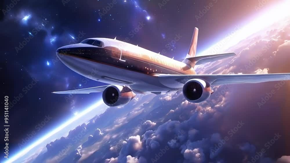 A futuristic airplane soaring through space above clouds and stars. A futuristic airplane soaring through space above clouds and stars.