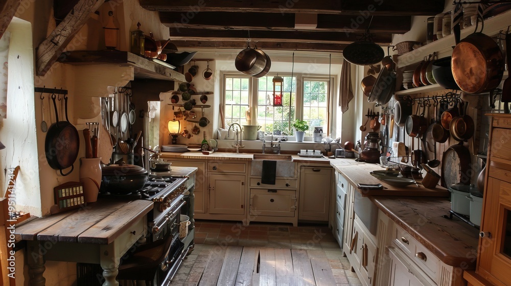 Rustic Farmhouse Kitchen with Wooden Beams and Copper Pots Rustic Farmhouse Kitchen with Wooden Beams and Copper Pots