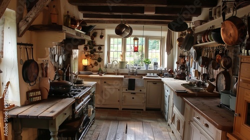 Rustic Farmhouse Kitchen with Wooden Beams and Copper Pots