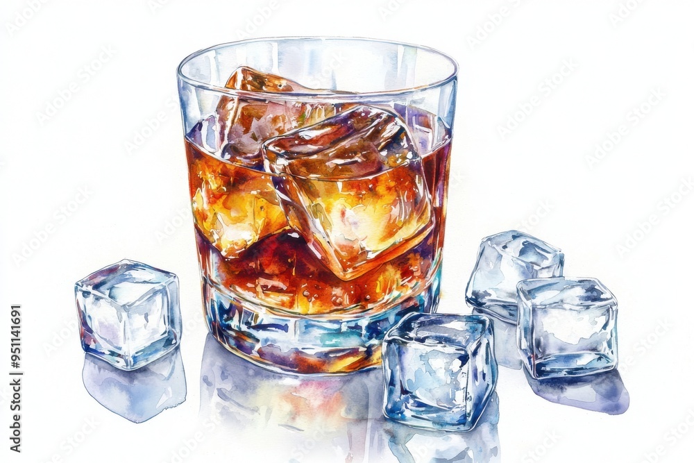 A close-up of a glass filled with whiskey and ice cubes, capturing the rich amber color and refreshing appeal. A close-up of a glass filled with whiskey and ice cubes, capturing the rich amber color and refreshing appeal.