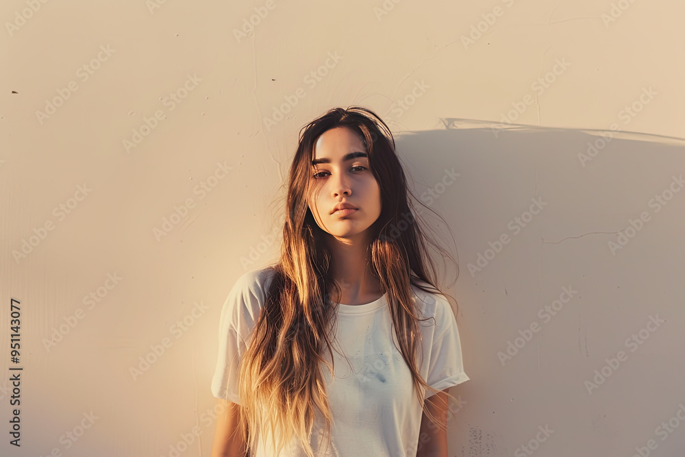 Stylish Simplicity: Woman and Beige Wal Stylish Simplicity: Woman and Beige Wal