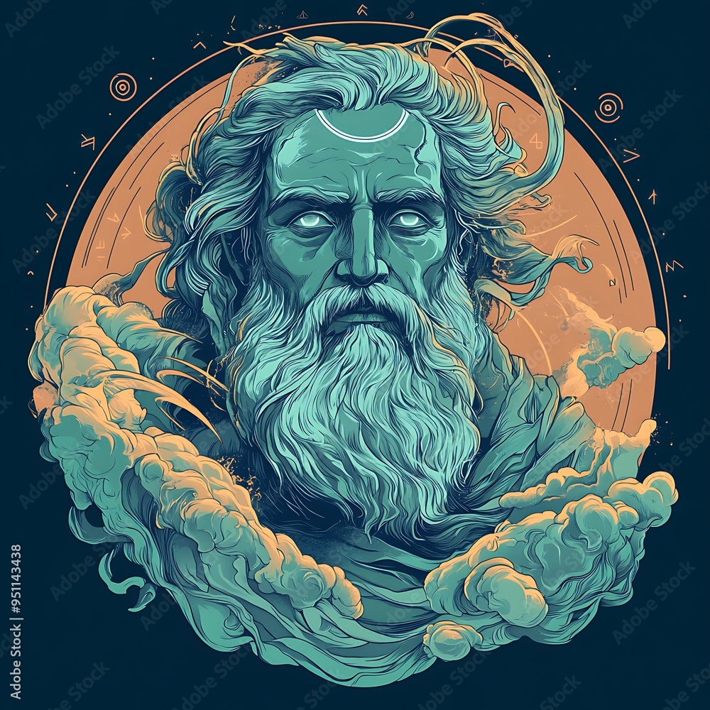 Ancient Greek God with Long Hair and Beard Surrounded by Clouds Ancient Greek God with Long Hair and Beard Surrounded by Clouds