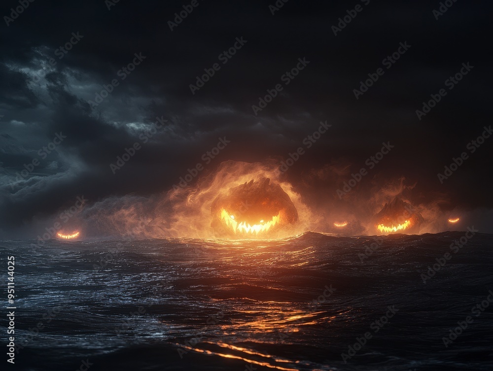 Sea monsters with glowing eyes emerging from the dark ocean on a Halloween night, Halloween Sea Monsters, Mythical meets horror Sea monsters with glowing eyes emerging from the dark ocean on a Halloween night, Halloween Sea Monsters, Mythical meets horror