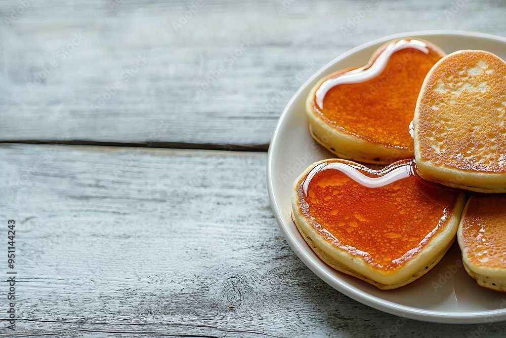 Heart-shaped pancakes with syrup Heart-shaped pancakes with syrup