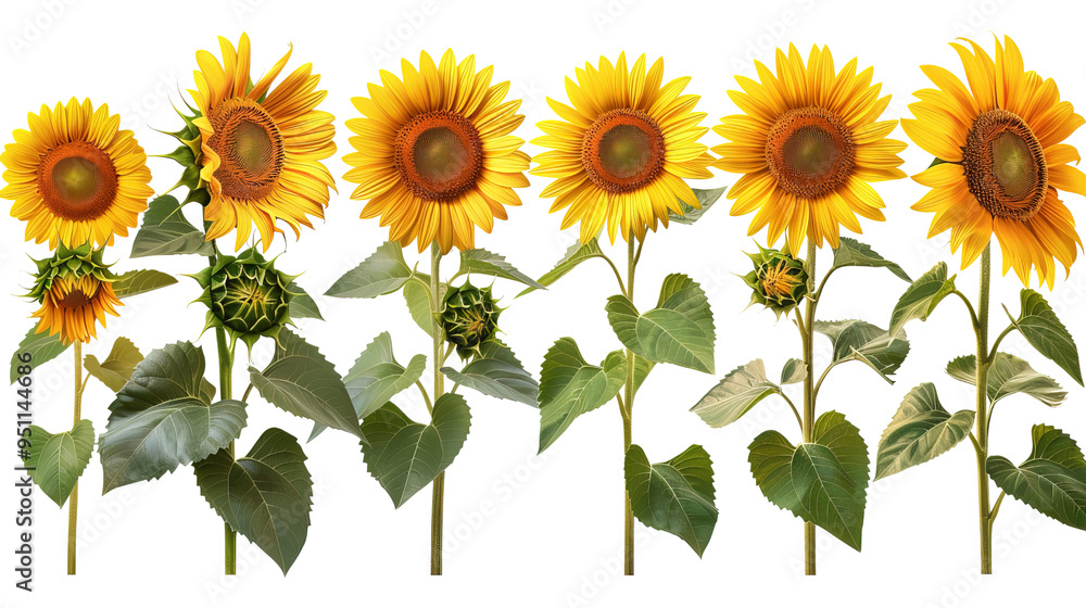 Obraz premium A collection of sunflower types ranging from dwarf to giant, isolated on a transparent png background.