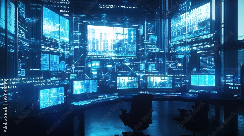 Futuristic Technology Command Center with Glowing Screens Futuristic Technology Command Center with Glowing Screens