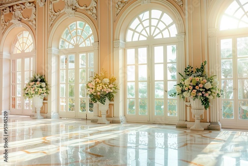 Sunlight Streaming Through Arched Windows in Elegant Hall