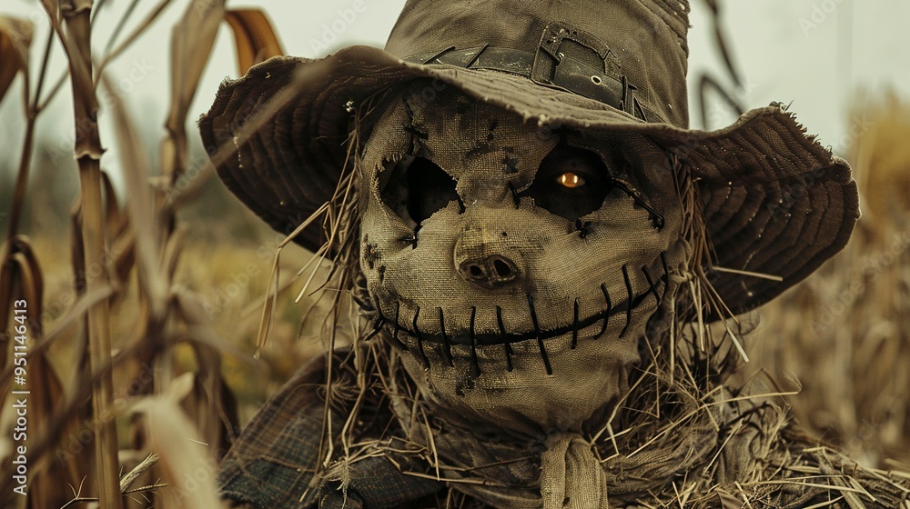 Sinister Scarecrow: A Frightening Figure with a Disturbing Expression Sinister Scarecrow: A Frightening Figure with a Disturbing Expression