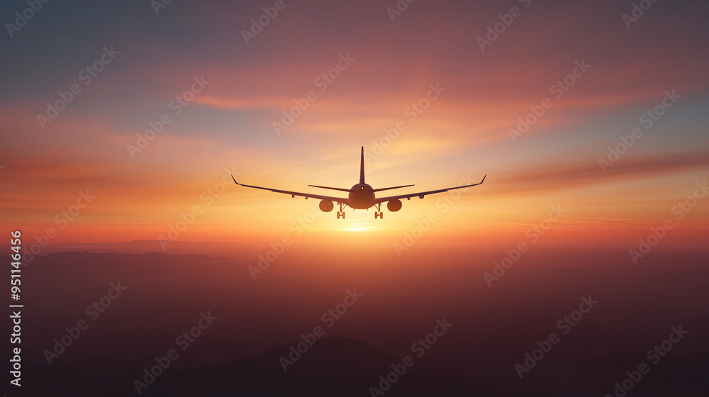 Passenger airplane flying above clouds during sunset Passenger airplane flying above clouds during sunset