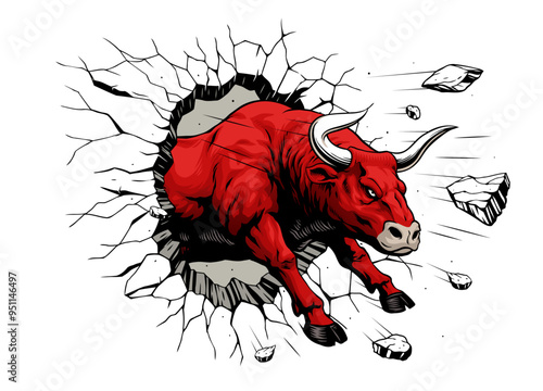 Furious Bull Smashing Through A Wall Hand Drawn Illustration