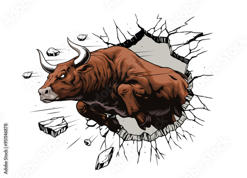 Illustration of Angry Bull Ramming A Wall