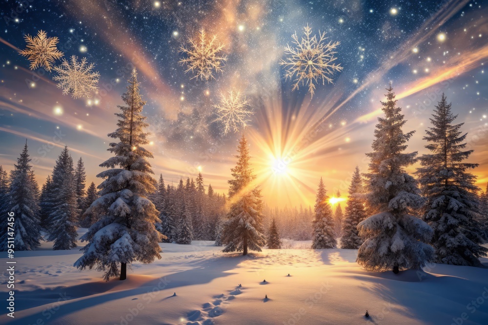 Dramatic winter landscape with sparse, delicate snowflakes and rays of warm light emanating from the treetops Dramatic winter landscape with sparse, delicate snowflakes and rays of warm light emanating from the treetops