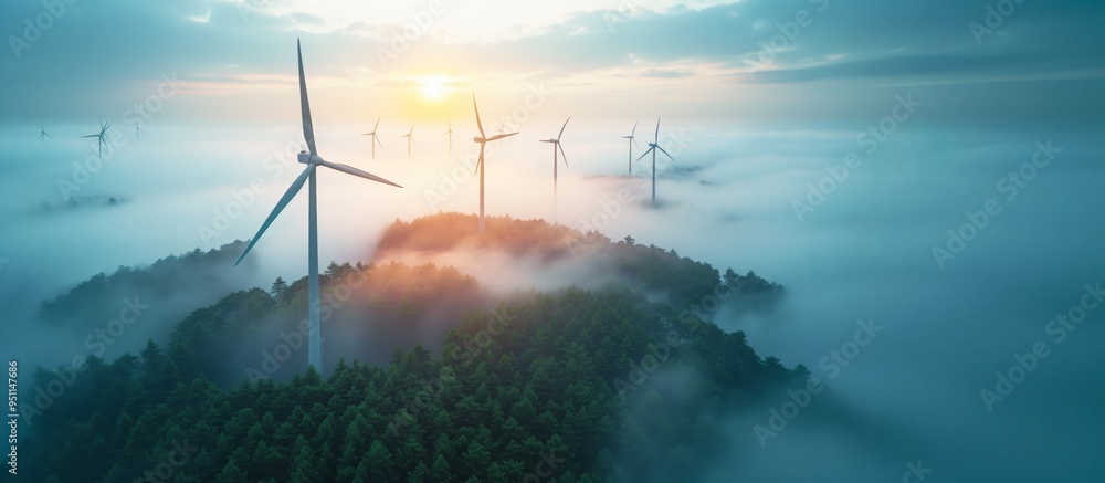 Fototapeta premium Scenic view of wind turbines in morning fog above forested hills, under clouds on the horizon