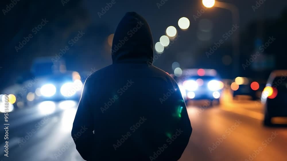 Man wearing a hood walking through city at night