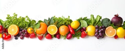 Fresh fruits and vegetables on a white background.