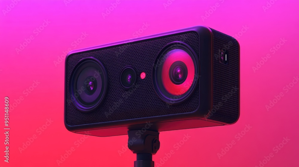 AI-enhanced camera with augmented reality editing tools and instant sharing, sleek and high-definition, on a tripod, under bright studio lights AI-enhanced camera with augmented reality editing tools and instant sharing, sleek and high-definition, on a tripod, under bright studio lights