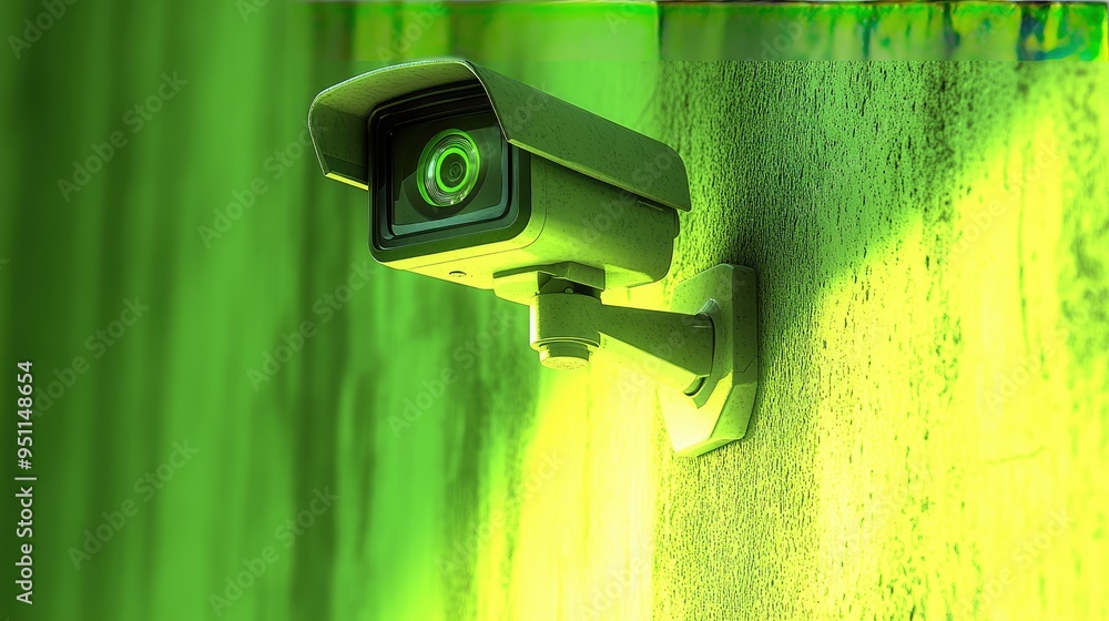 AI-enhanced camera with night vision, sleek and compact, mounted on a wall, softly glowing green AI-enhanced camera with night vision, sleek and compact, mounted on a wall, softly glowing green