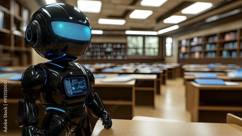Fototapeta premium AI-powered educational robot with interactive interface, small and friendly, in a classroom, softly glowing