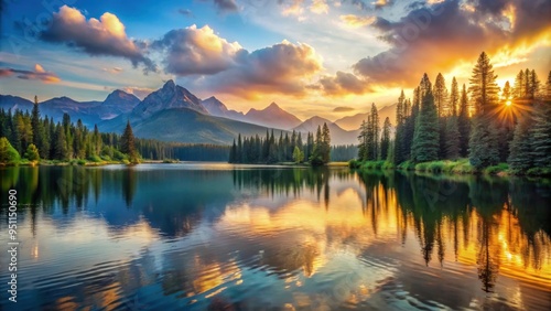 Sunset over a serene lake, with a dense forest and majestic mountains in the background, sunset, lake, forest, mountains