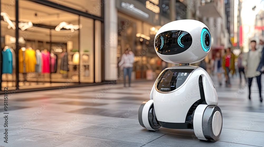 Autonomous delivery bot with modular storage and biometric access, compact and white, navigating a shopping district, under bright daylight Autonomous delivery bot with modular storage and biometric access, compact and white, navigating a shopping district, under bright daylight