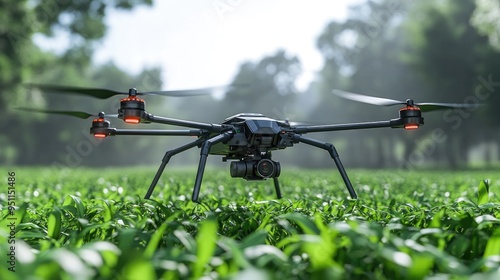 Autonomous drone for agricultural inspection, small and agile, flying over fields, under morning light