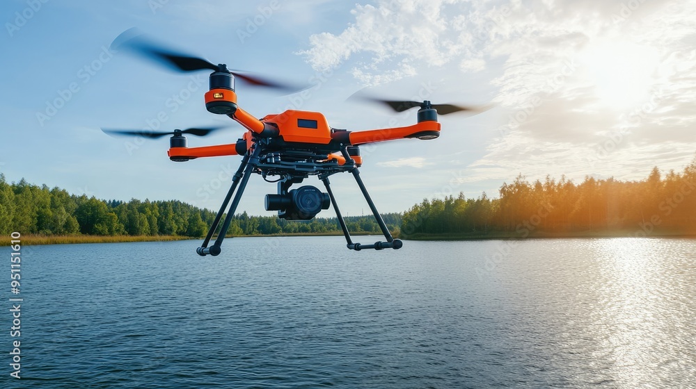 Autonomous drone for environmental research with infrared imaging, compact and efficient, flying over a wetland, under bright sunlight Autonomous drone for environmental research with infrared imaging, compact and efficient, flying over a wetland, under bright sunlight