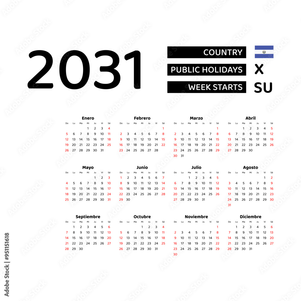 Calendar 2031 Spanish language with El Salvador public holidays. Week starts from Sunday. Graphic design vector illustration. Calendar 2031 Spanish language with El Salvador public holidays. Week starts from Sunday. Graphic design vector illustration.