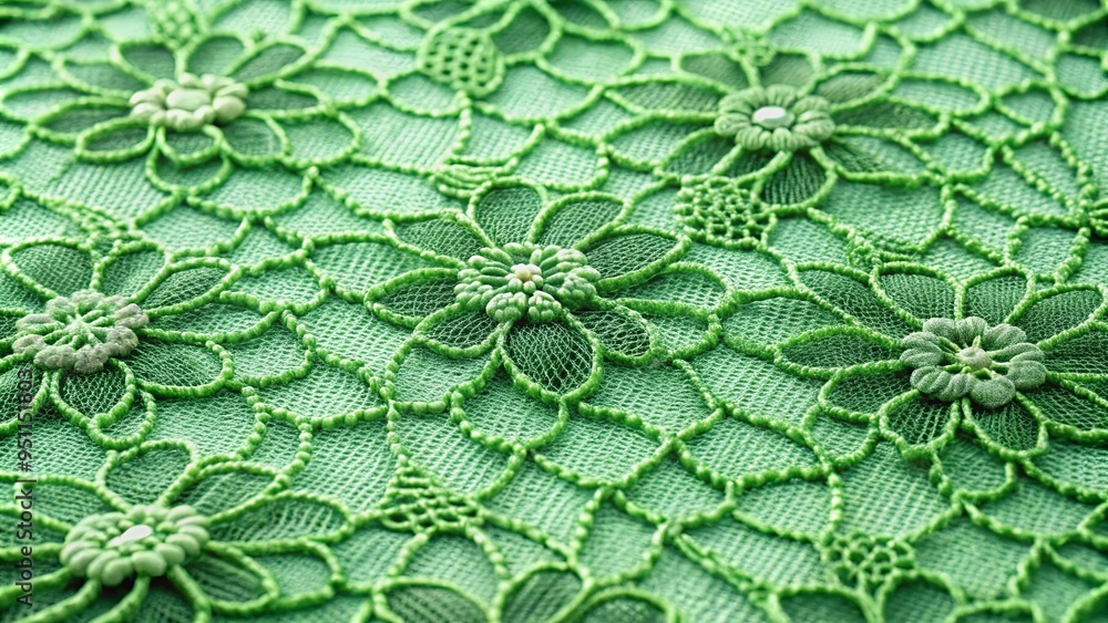 Close up of intricate green lace fabric with delicate flower designs Close up of intricate green lace fabric with delicate flower designs