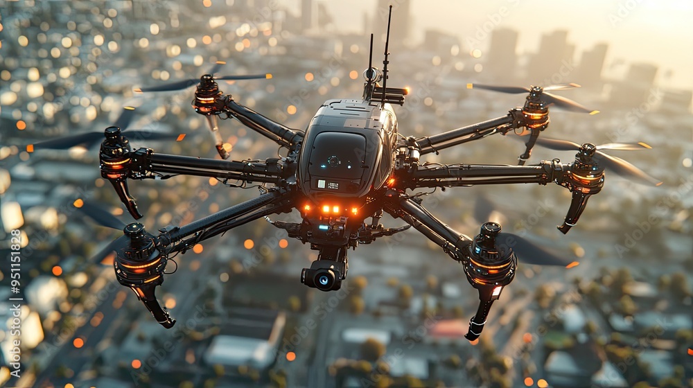 Autonomous drone for precision mapping, small and agile, flying over a city, under bright sunlight Autonomous drone for precision mapping, small and agile, flying over a city, under bright sunlight