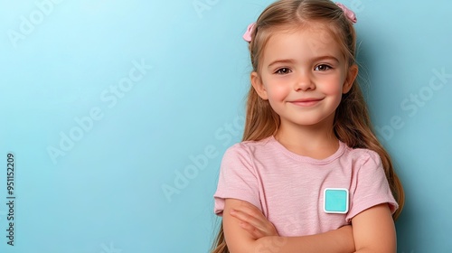 Biometric health monitor patch with temperature sensing, thin and flexible, on a child's arm, softly glowing green photo