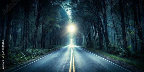 A creepy road with a glowing light at the end, surrounded by trees under a dark sky