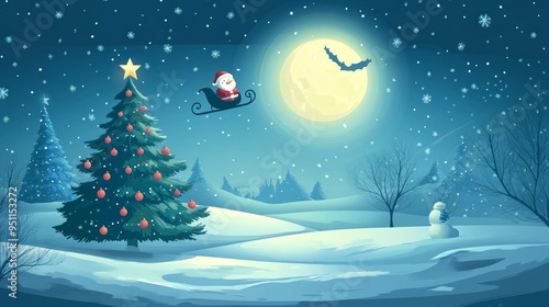 Christmas landscape with christmas tree and snowman with gifbox. background with moon and the silhouette of Santa Claus flying on a sleigh. concept for greeting or postal card, vector illustration