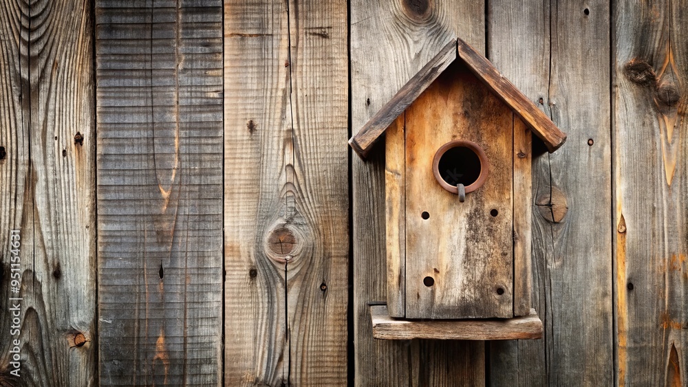 Rustic wooden birdhouse on weathered barn siding Rustic wooden birdhouse on weathered barn siding