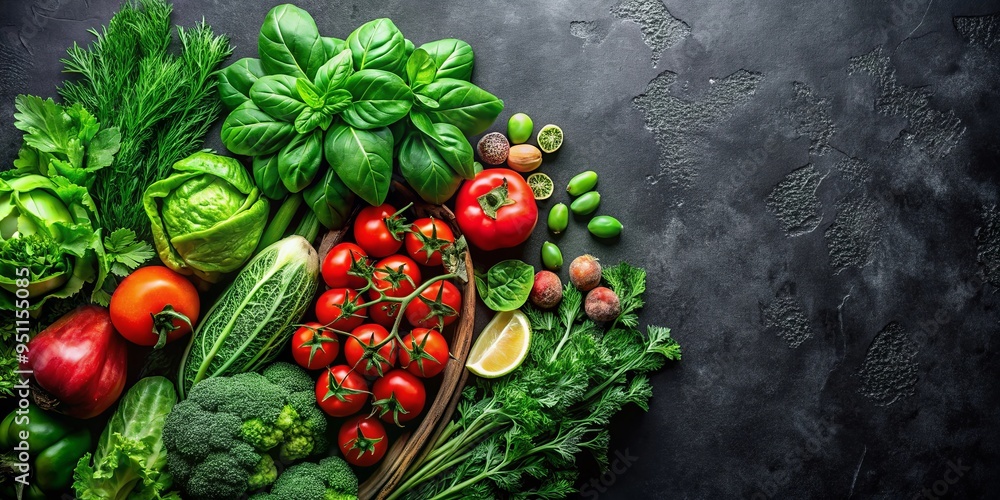 Fresh vegetables and herbs on a black background with tomatoes, cucumbers, spinach, parsley, and brussels sprouts Fresh vegetables and herbs on a black background with tomatoes, cucumbers, spinach, parsley, and brussels sprouts